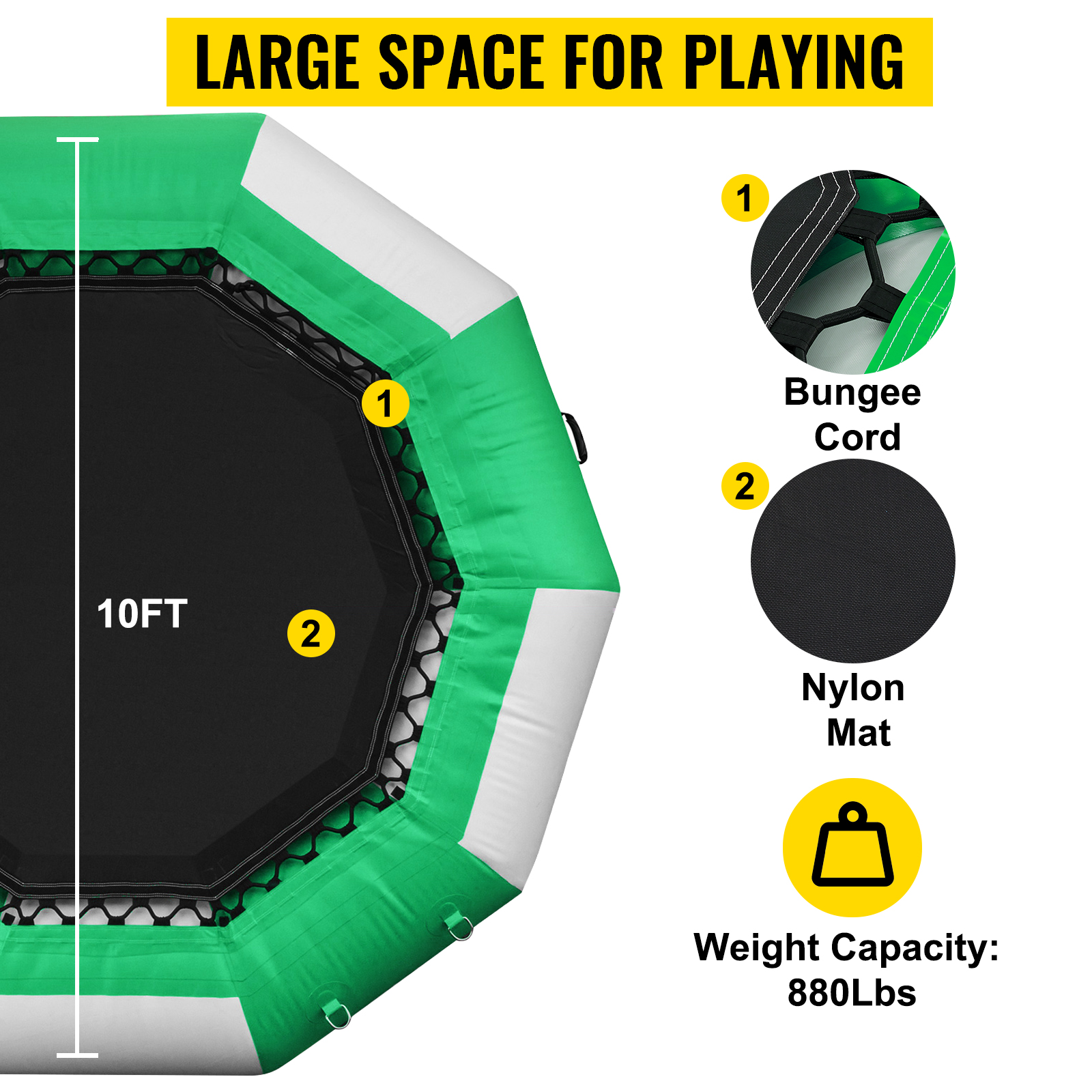 VEVOR Inflatable Water Trampoline 10ft , Round Inflatable Water Bouncer with Yellow Slide and 4-Step Ladder, Water Trampoline in Green and White for Water Sports.