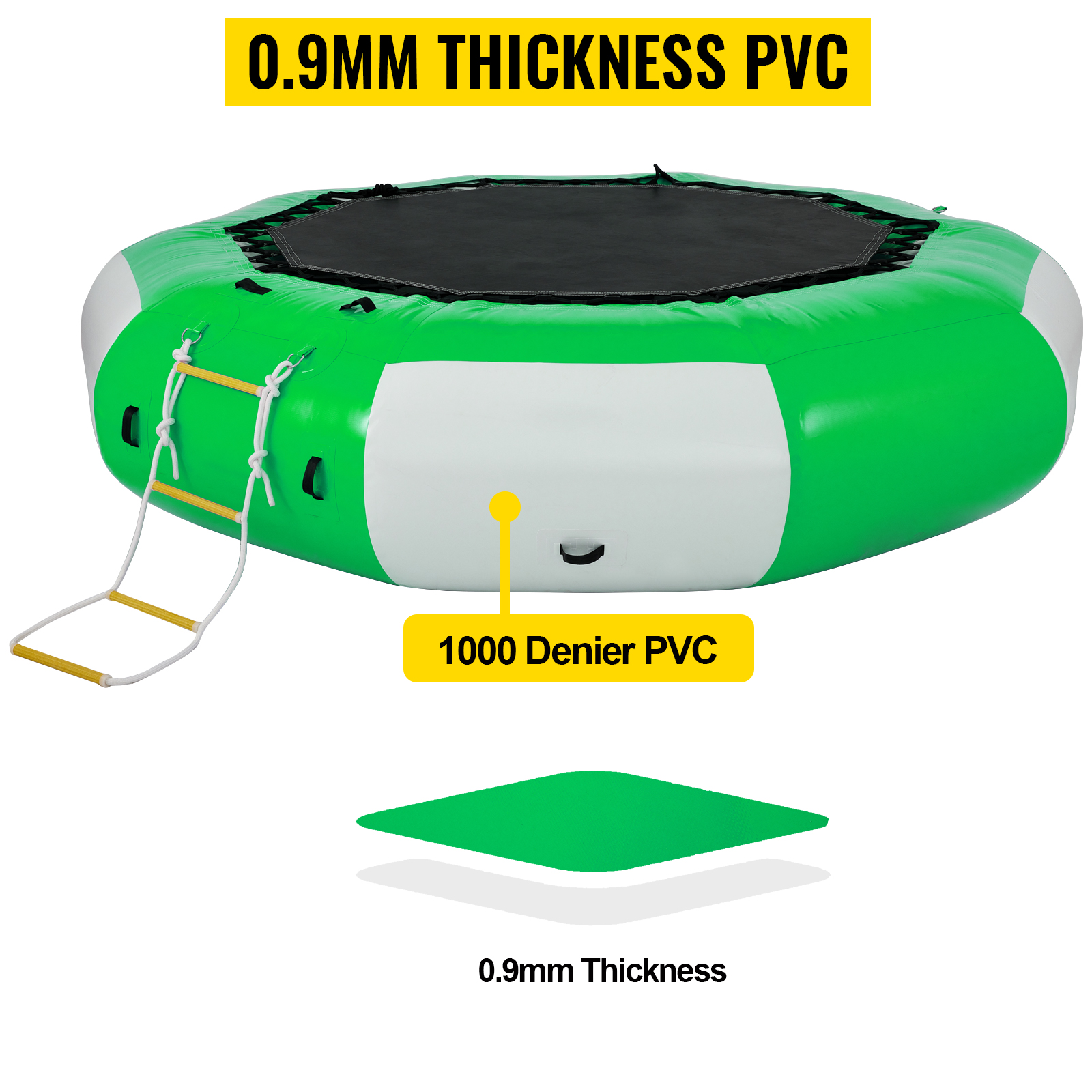 VEVOR Inflatable Water Trampoline 10ft , Round Inflatable Water Bouncer with Yellow Slide and 4-Step Ladder, Water Trampoline in Green and White for Water Sports.