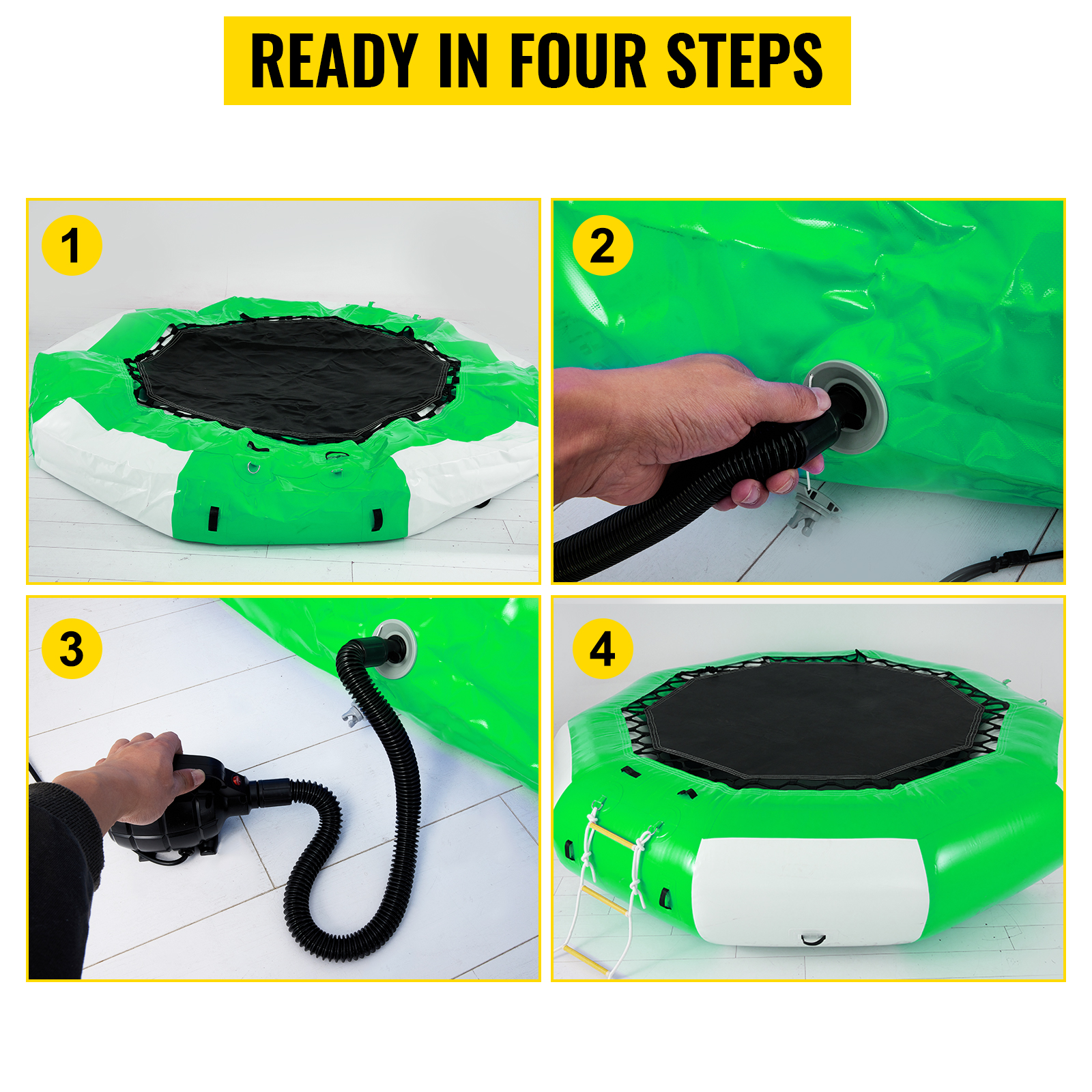 VEVOR Inflatable Water Trampoline 10ft , Round Inflatable Water Bouncer with Yellow Slide and 4-Step Ladder, Water Trampoline in Green and White for Water Sports.