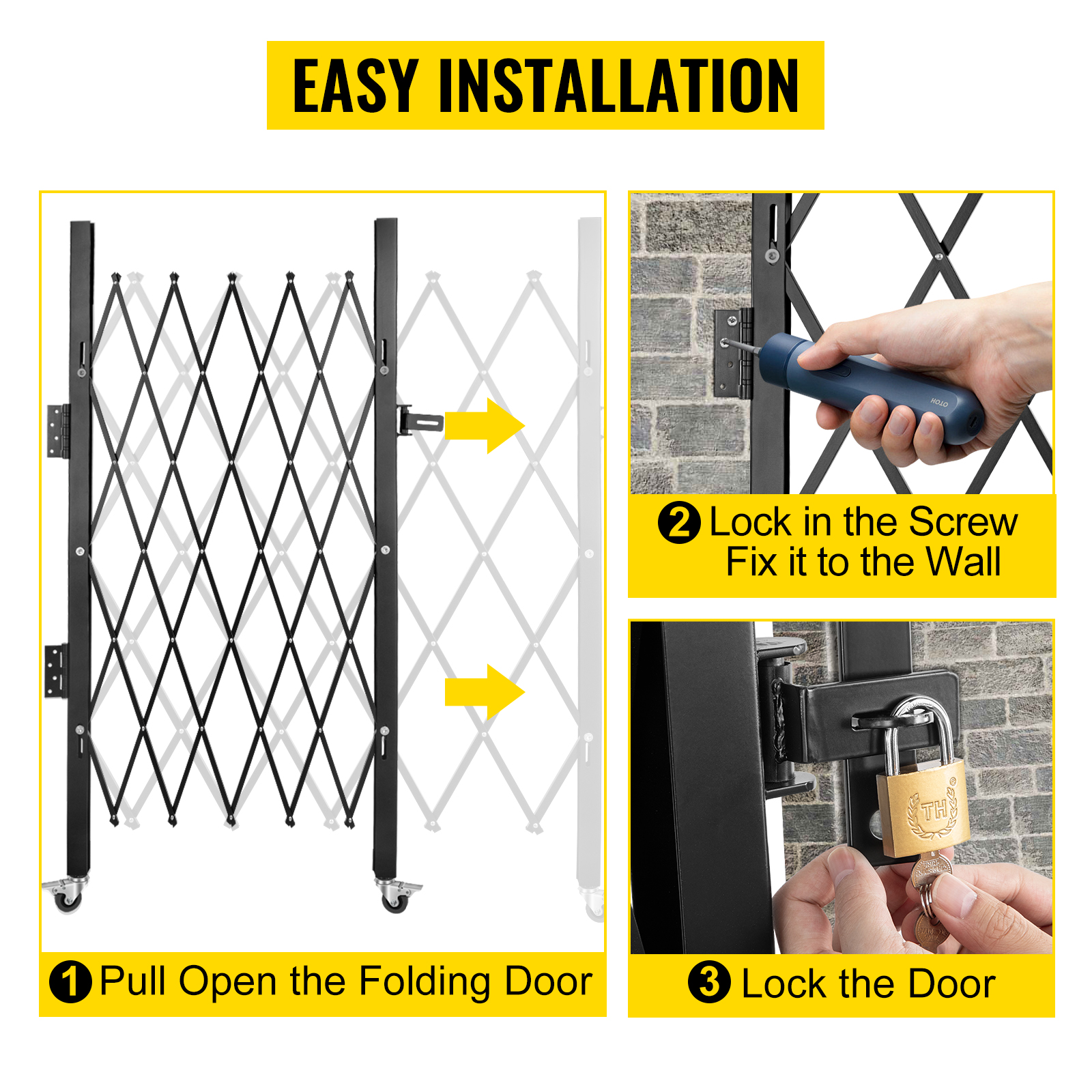 VEVOR Single Folding Security Gate, 5' H x 5-1/2' W Folding Door Gate, Steel Accordion Security Gate, Flexible Expanding Security Gate, 360° Rolling Barricade Gate, Scissor Gate/Door with Padlock