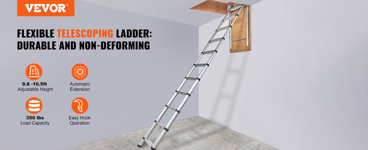 VEVOR Attic Ladder Telescoping, 350-pound Capacity, 39.37 x 23.6,  Multi-Purpose Aluminium Extension, Lightweight and Portable, Fits  9.8'-10.5' Ceiling Heights, Convenient Access to Your Attic Standa