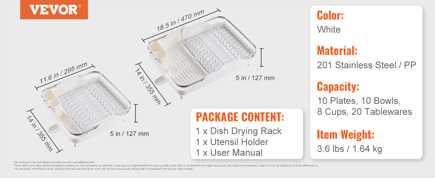 VEVOR dish drying rack with utensil holder, 201 stainless steel, white, 3.6 lbs, 18.5x11.6x14 in.