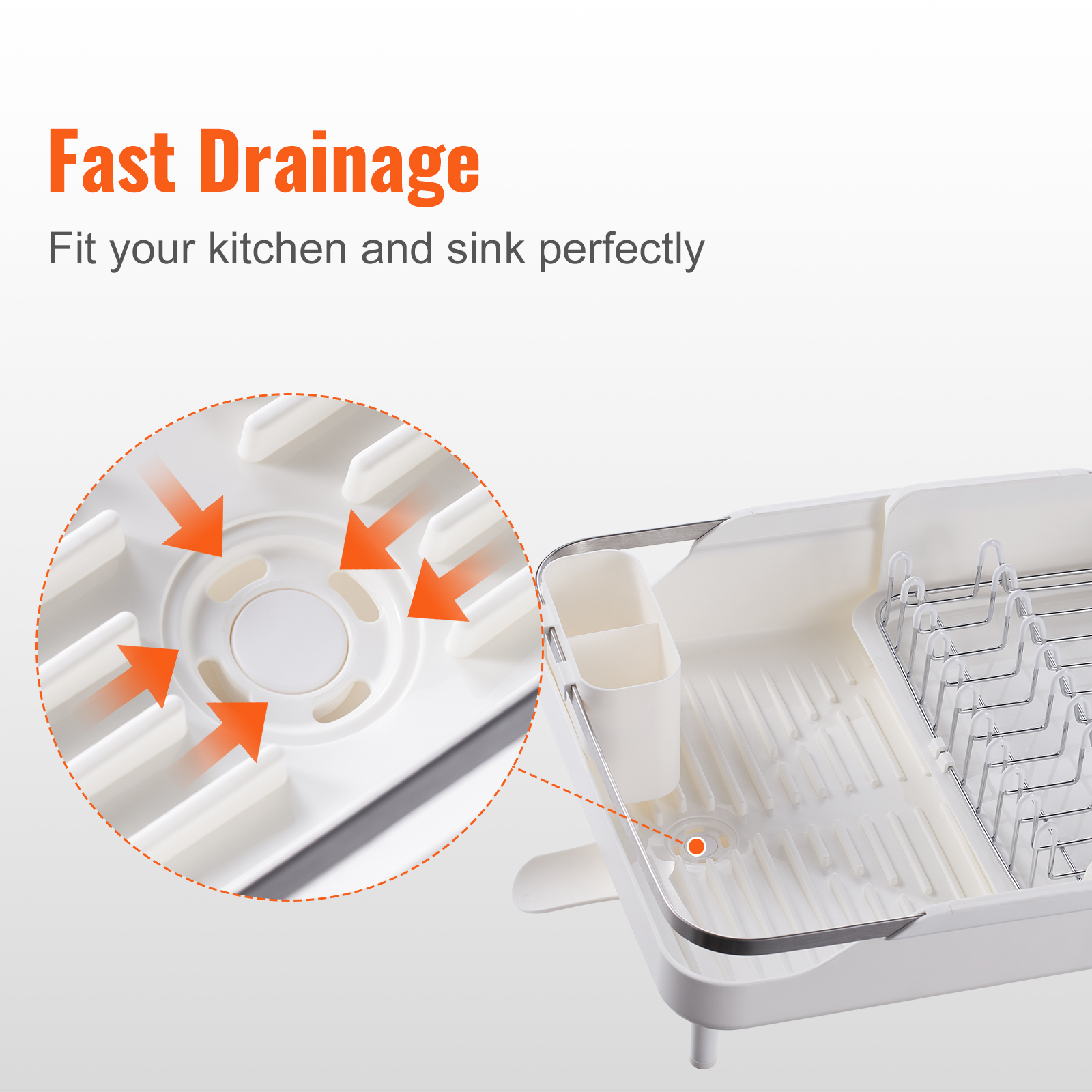 Aluminum Expandable Dish Drying Rack with Drainboard and Rotatable Drainage  Spout