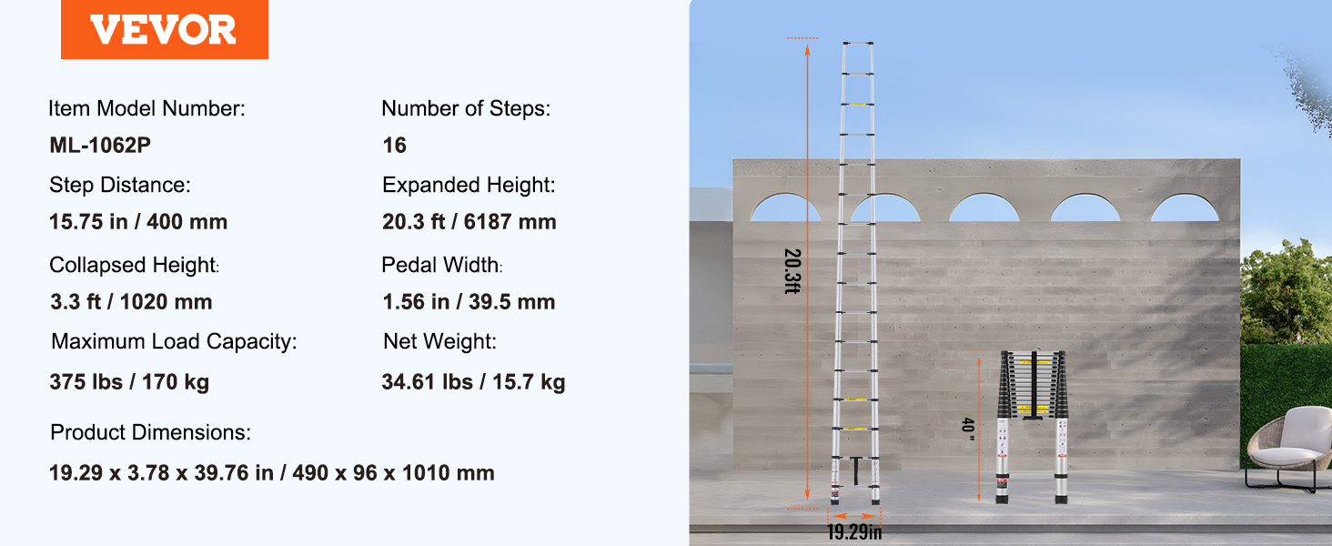 Telescoping Ladder 20.3FT,375 LBS