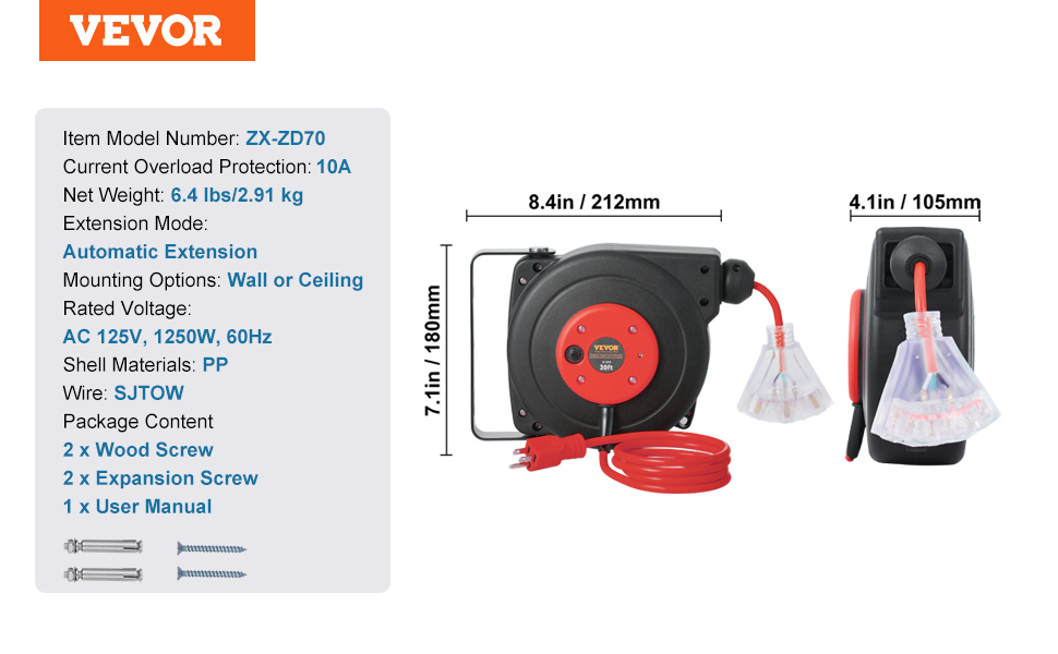 Retractable Extension Cord Reel Power Cord Reel 30FT 16AWG/3C