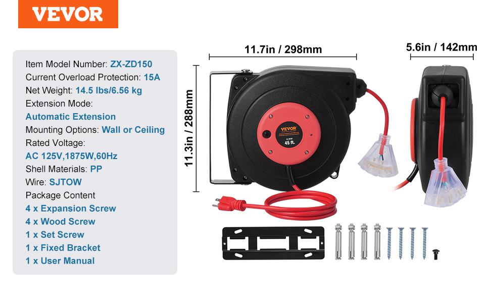 M Retractable Extension Cord Reel Power Cord Reel 45FT 12AWG