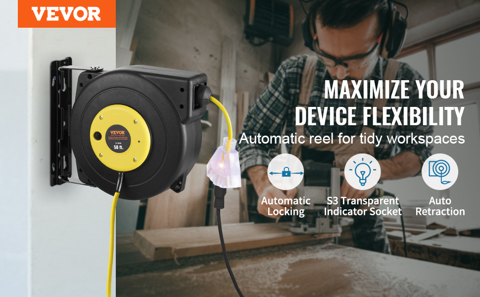 Retractable Extension Cord Reel Power Cord Reel 50FT 14AWG/3C