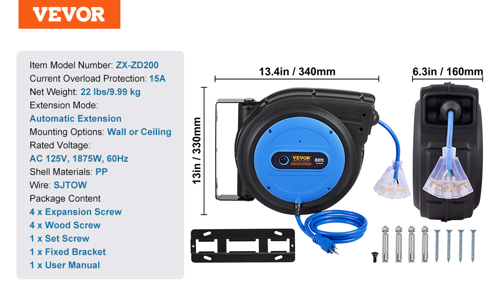 ユウ VEVOR Retractable Extension Cord Reel Power Cord Reel 80FT 12AWG