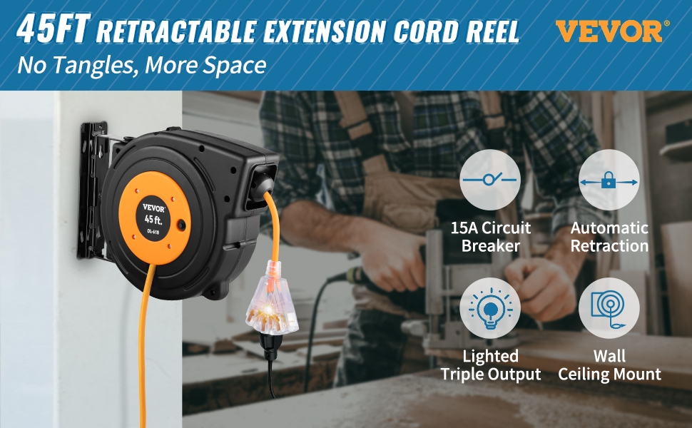 DEWENWILS Retractable Extension Cord Reel, 40 FT Heavy Duty Power Cord,  12/3C SJTOW Retractable Cord Reel, Lighted Triple Tap Outlets, 15A Circuit