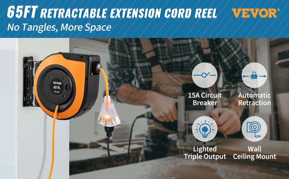 Extension Cord Reel 65 ft. 15 Amp Heavy Duty Power Cord 12AWG/3C with  Triple Tap Outlet for Ceiling or Wall Mount, Black
