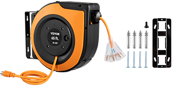 VEVOR Retractable Extension Cord Reel, 65 FT, Heavy Duty 12AWG/3C SJTOW Power  Cord, with Lighted Triple Tap Outlet, 15 Amp Circuit Breaker, 180° Swivel  Bracket for Ceiling Tested to UL Standards