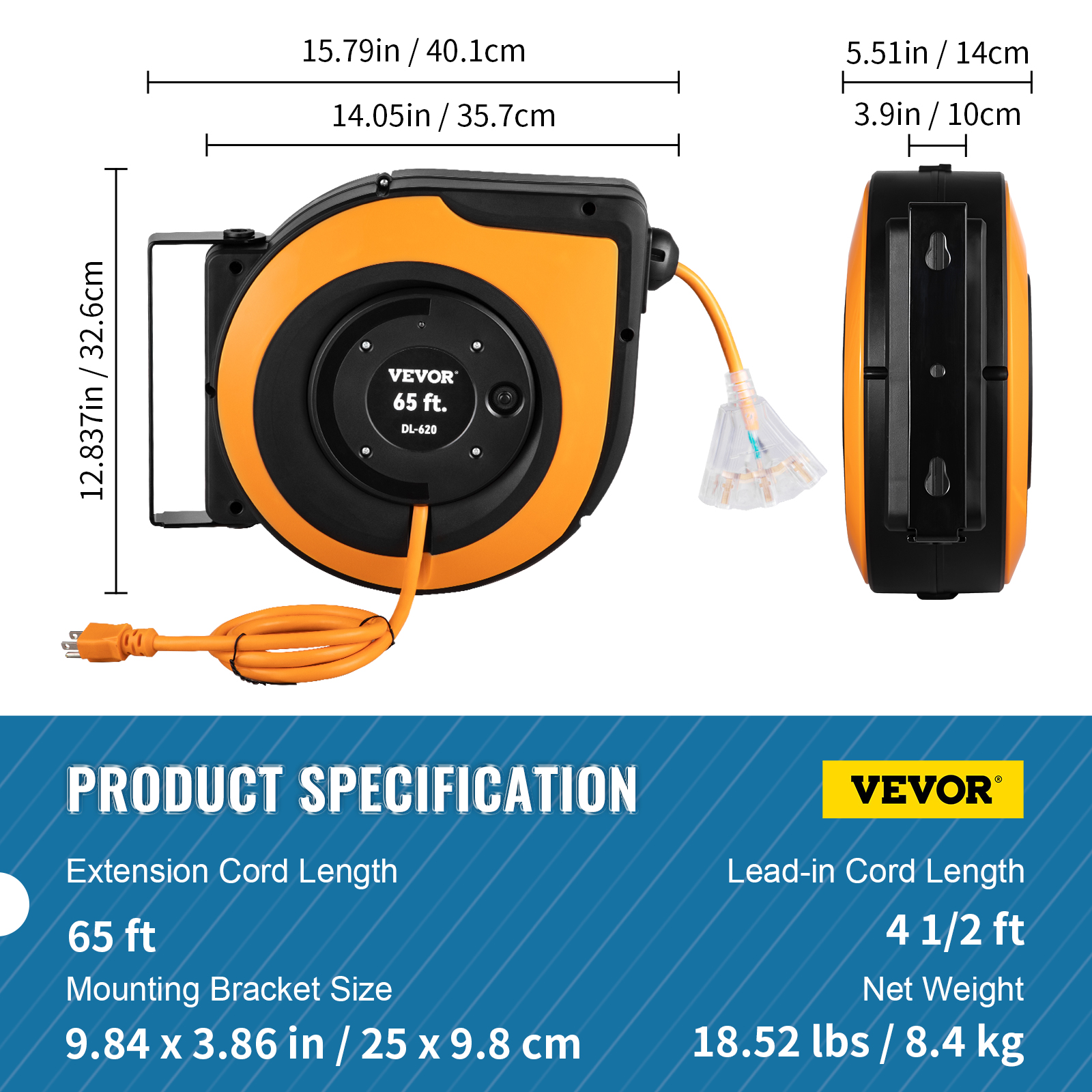 VEVOR Retractable Extension Cord Reel Power Cord Reel 65FT 12AWG/3C SJTOW