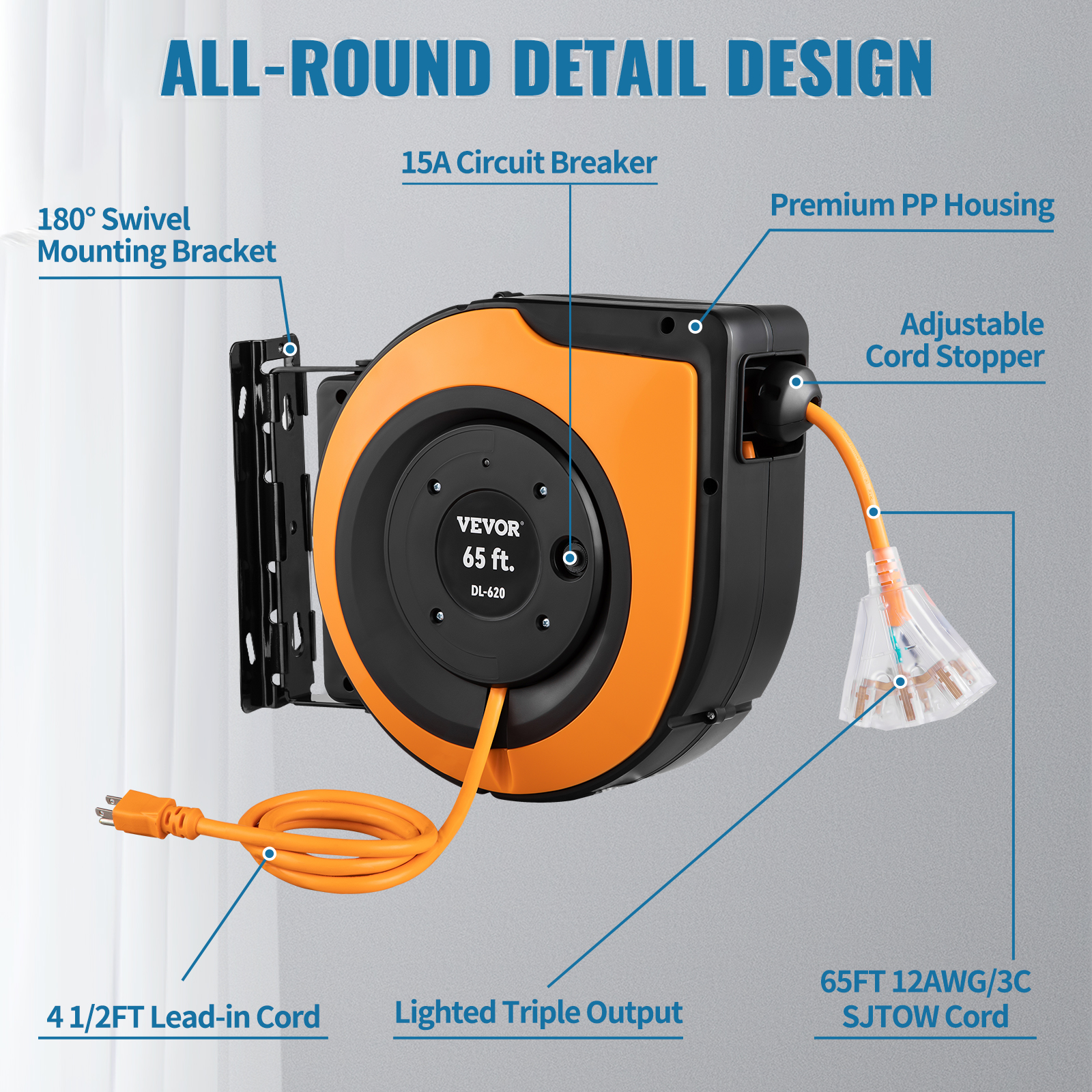 VEVOR Retractable Extension Cord Reel, 65 FT, Heavy Duty 12AWG/3C SJTOW Power  Cord, with Lighted Triple Tap Outlet, 15 Amp Circuit Breaker, 180° Swivel  Bracket for Ceiling Tested to UL Standards