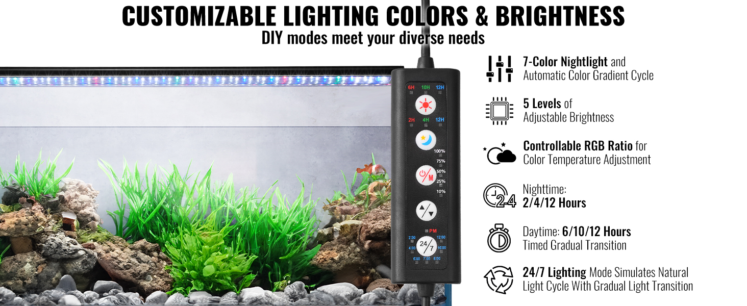 VEVOR Aquarium Light 24W Full Spectrum Fish Tank Light with 24 7 Natural Mode Adjustable Timer 5 Level Brightness with Aluminum Alloy Shell Extendable Brackets for 24 30 Freshwater Planted Tank VEVOR...