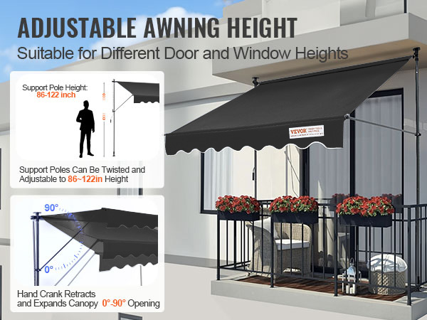 VEVOR Manual Retractable Awning, 78" Outdoor Retractable Patio Awning ...