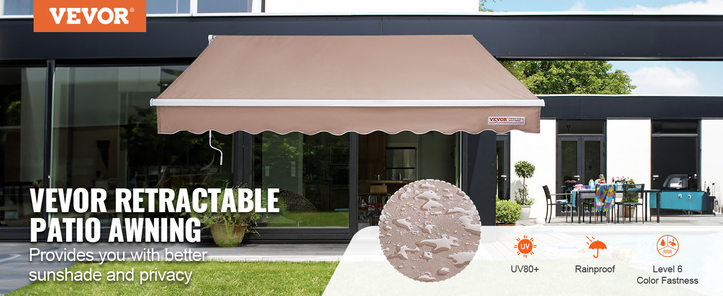 VEVOR Manual Retractable Awning, 12 x 10 ft Outdoor Patio Awning  Retractable Sun Shade, Water-Resistant Polyester Patio Door Window Awning  Sunshade Shelter with Crank Handle for Backyard, Balcony