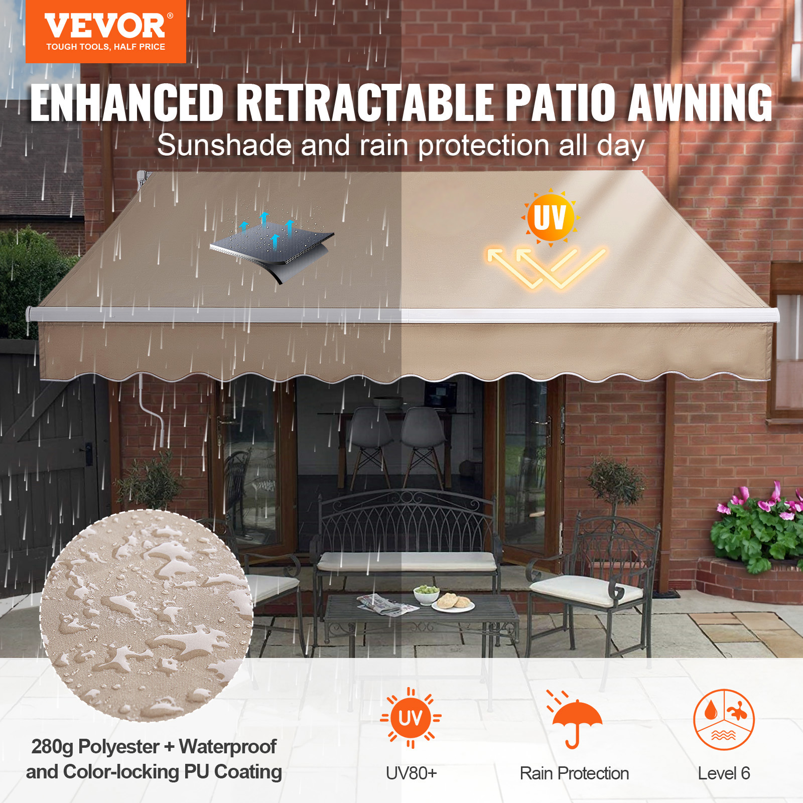 VEVOR Patio Awning Retractable 6.5/9.8/13/12/8/10'x3.9/8/10/7' Awning Sunshade - Picture 64 of 74