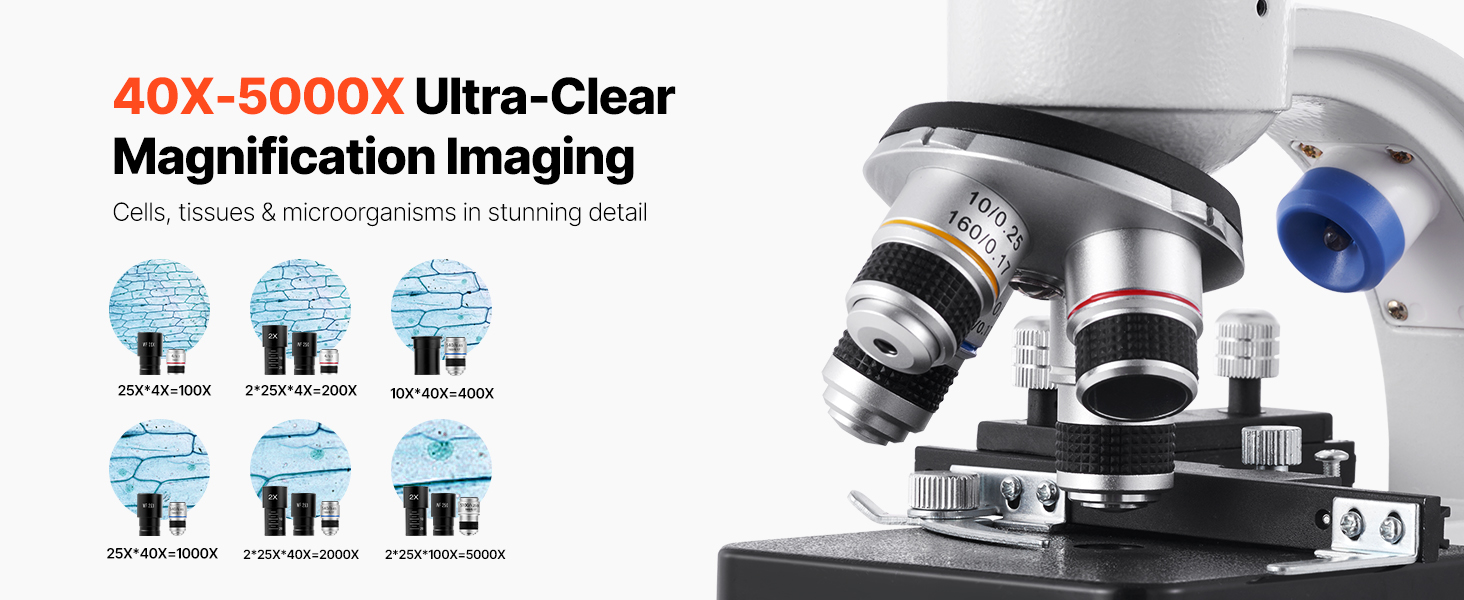 Microscope Trinoculaire Professionnel 40-5000X - Corps Alliage Aluminium, éclairage LED - Pour Labo, école, Hobby - Kit Complet Inclus