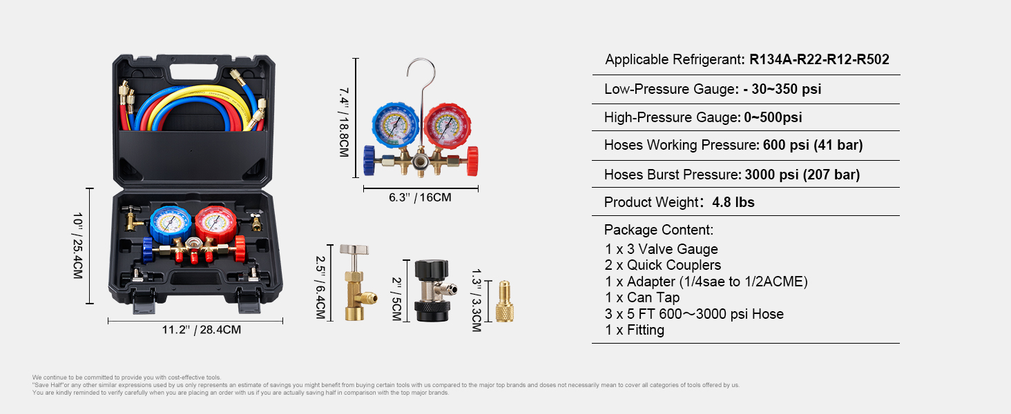 VEVOR hűtőközeg nyomásmérő 3-utas autó hűtőközeg elosztó mérő készlet R134A-R22-R12-R502 AC 4 db 5 láb töltő tömlők Hűtőközeg nyomásmérő