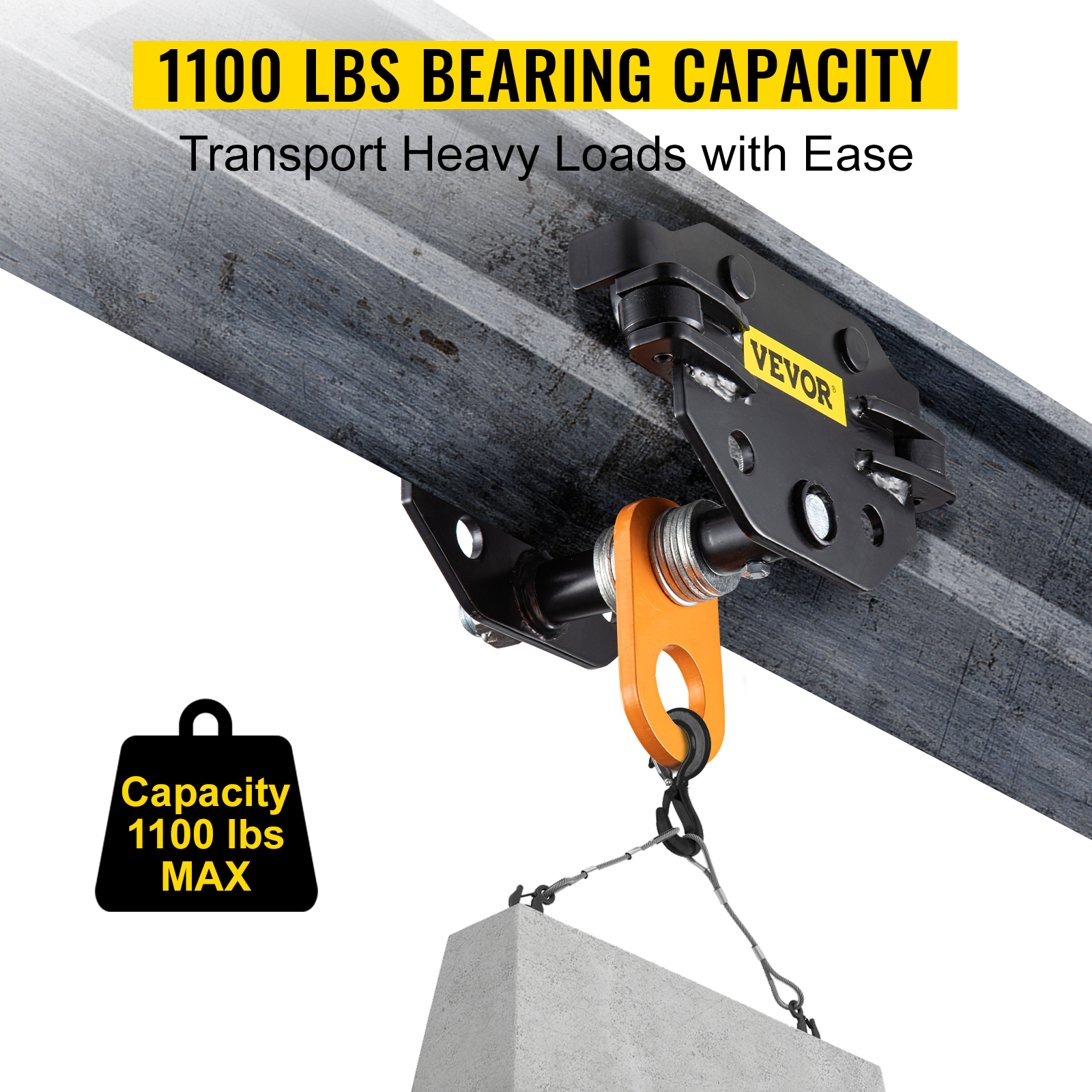 VEVOR Beam Trolley 1100 LBS/0.5 Ton Capacity with Side Guide Rollers 1.6"-3.3" Adjustable Width