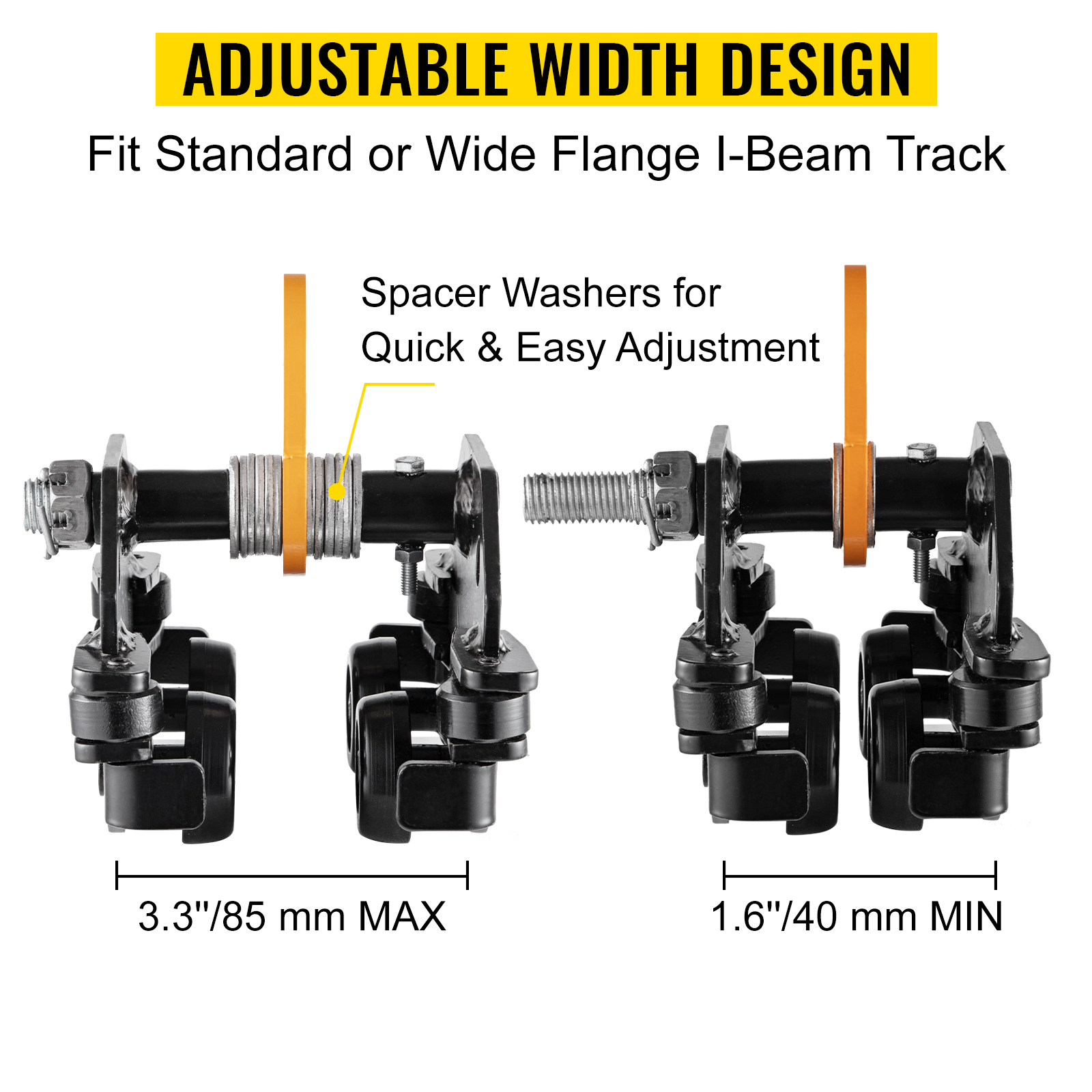 VEVOR Beam Trolley 1100 LBS/0.5 Ton Capacity with Side Guide Rollers 1.6"-3.3" Adjustable Width