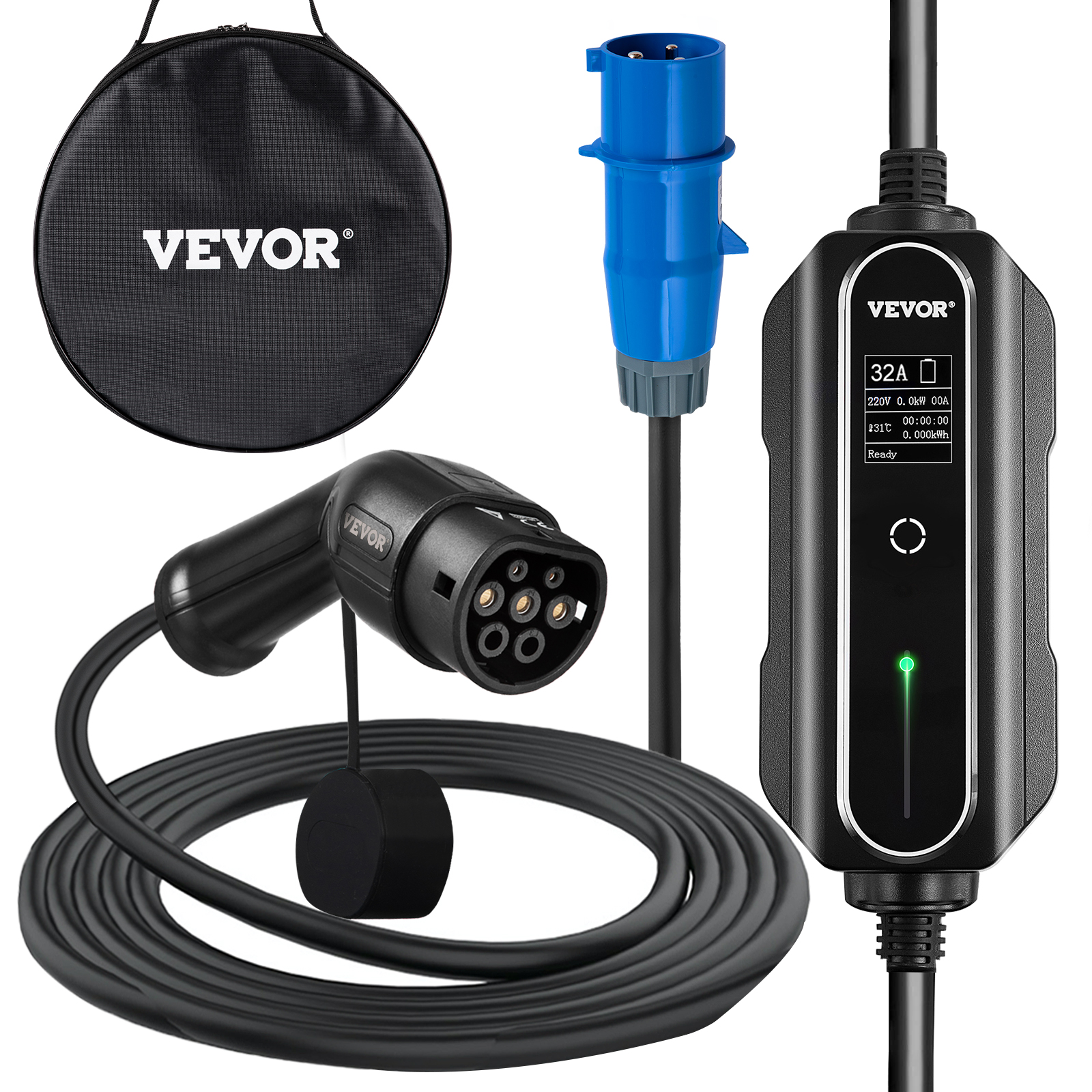 VEVOR VEVOR Portable EV Charger, Type 2 32A, Electric Vehicle Charger 7.5  Metre Charging Cable with CEE 3 Pin Plug, Digital Screen, 7.4 kW WaterProof  IEC 62196-2 Home EV Charging Station with
