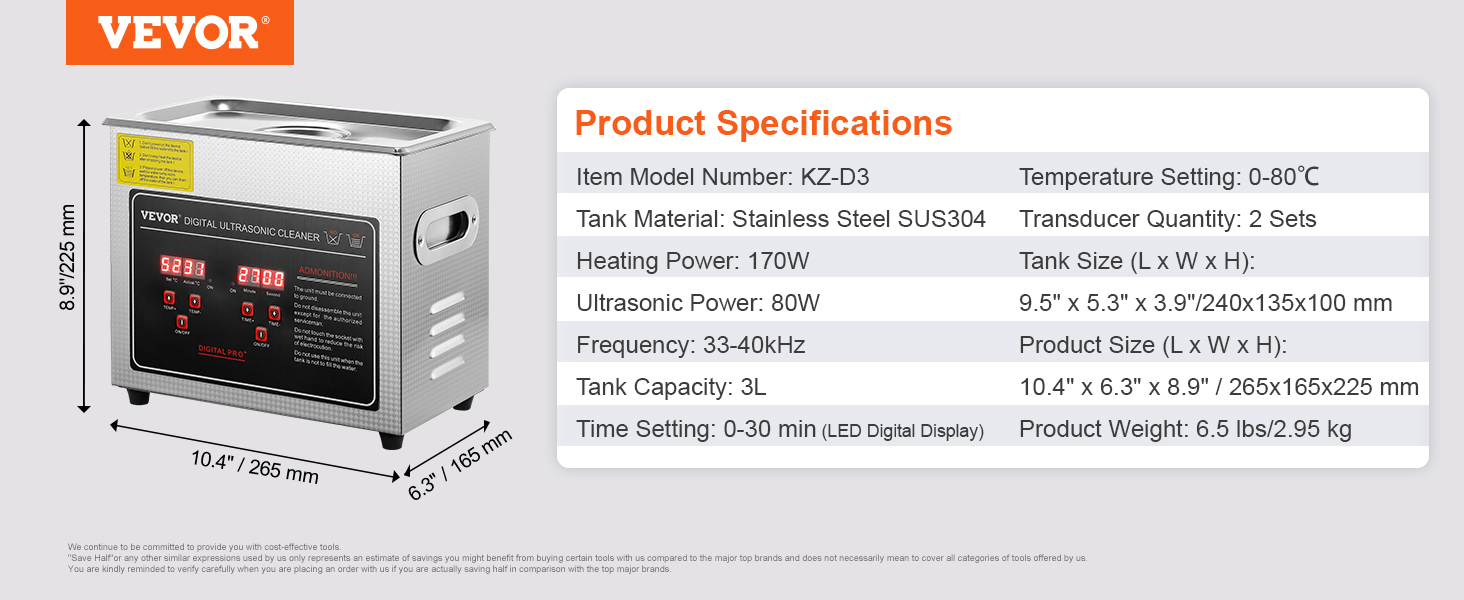 Ultrazvukový čistič VEVOR s digitálním časovačem a ohřívačem, Profesionální ultrazvukový čistič šperků, Nerezový vyhřívaný čisticí stroj na brýle Hodinkové prsteny Deska s plošnými spoji malých dílů (3L)