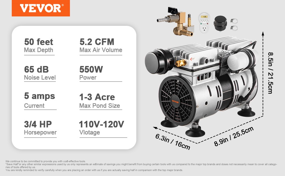 VEVOR Aerator, 550W Power 5.2CFM for Up to 3 Acre 50' Includes 3/4 HP  Compressor & Timer & Valves, Air Compressor for Deep Water Oxygen  Circulation
