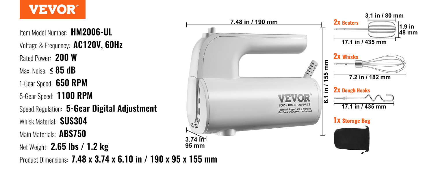 VEVOR Digital Electric Hand Mixer, 5-Speed, 200W Portable Electric Handheld Mixe