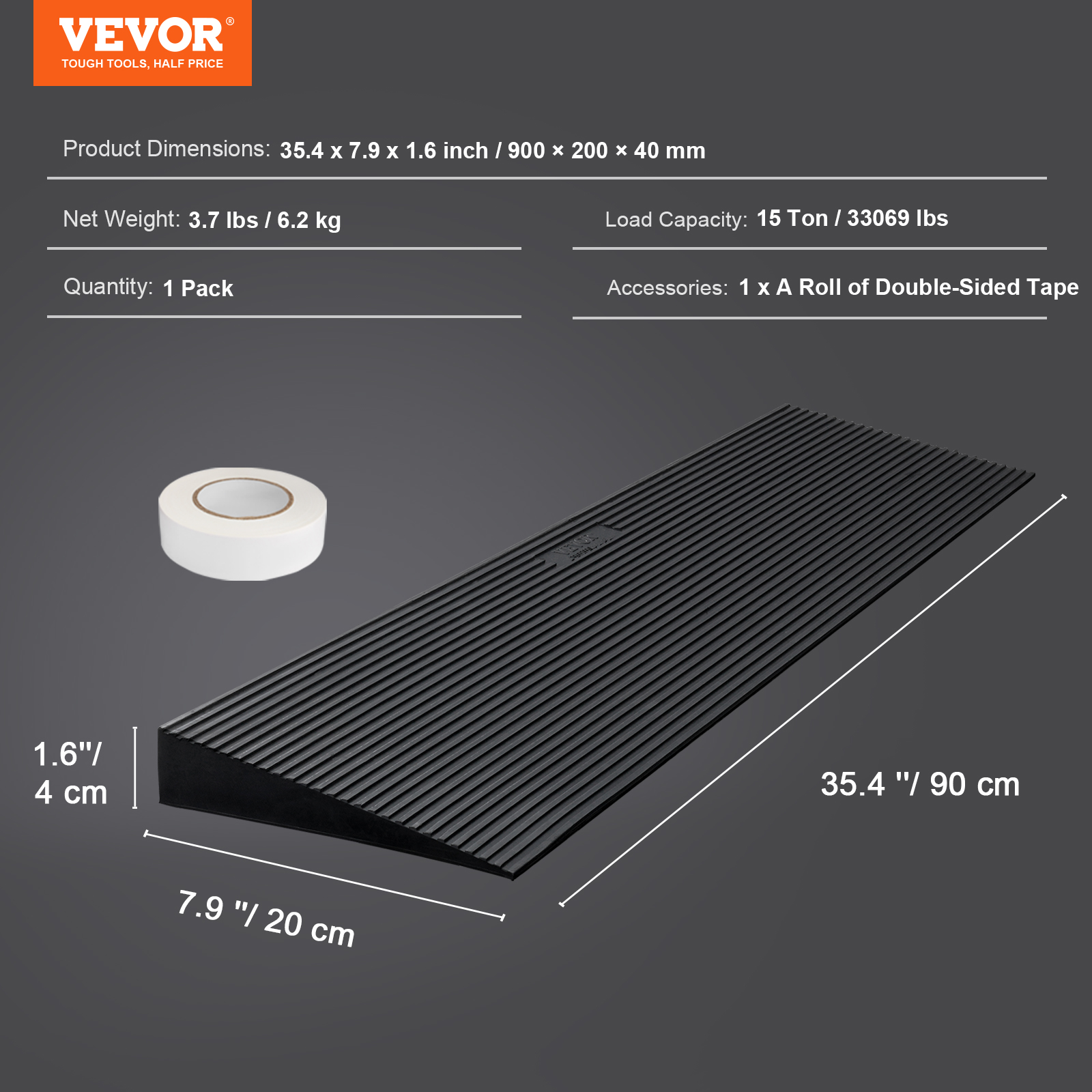 VEVOR Cuttable Threshold Ramp 1.2"/1.6" Rubber Solid Ramp 33069 lbs/15 T - Picture 9 of 26
