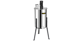 stainless steel VEVOR honey extractor with electric motor and three sturdy legs.