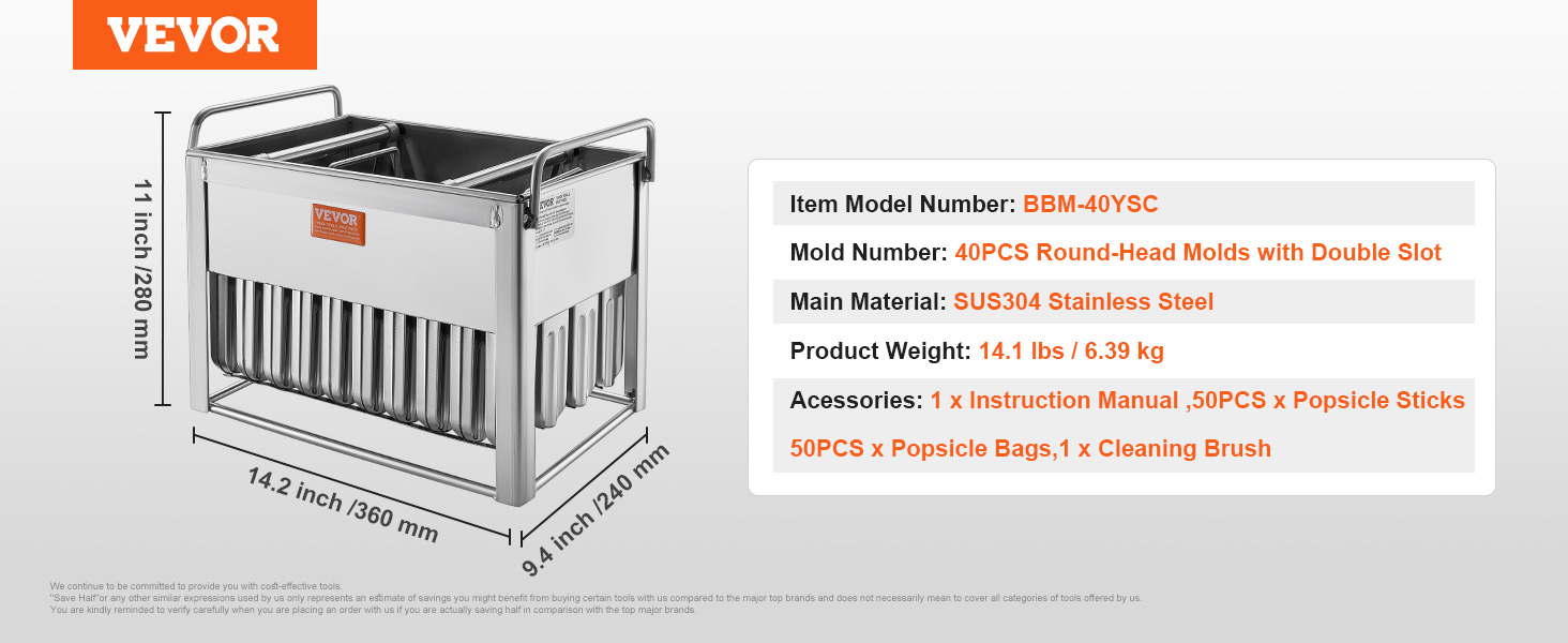 VEVOR popsicle molds kit with stainless steel body, includes 50 popsicle sticks, bags, instructions, brush.