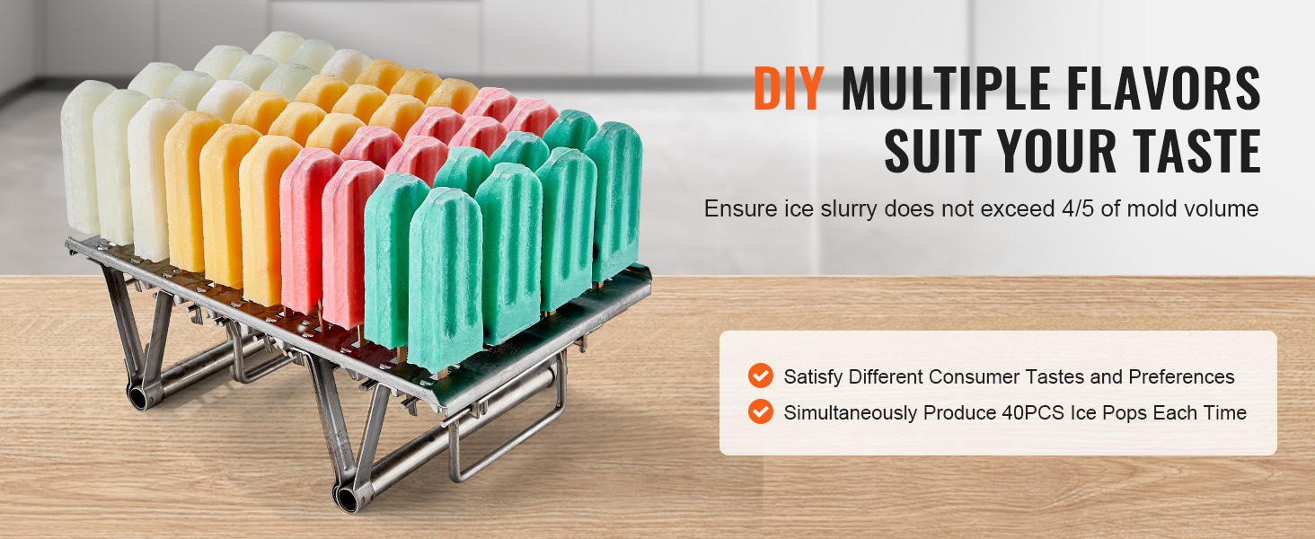 diy VEVOR popsicle molds offer 40 colorful ice pops on a metal stand in a kitchen setting.