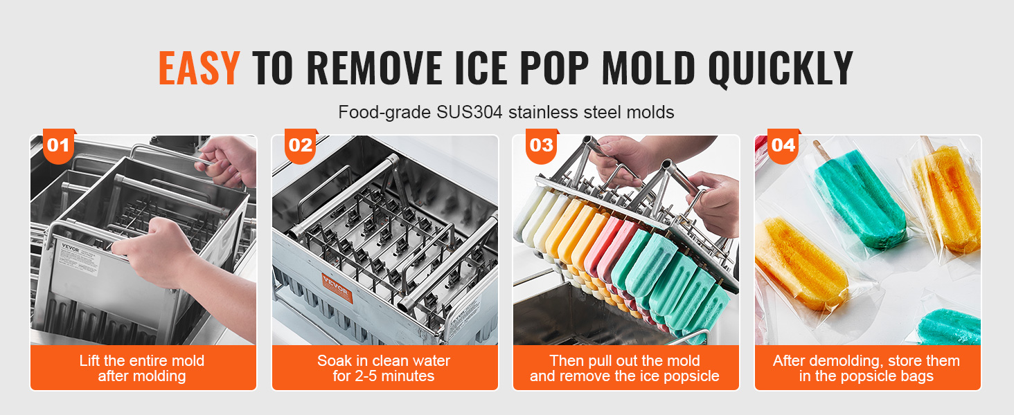 easy ice pop removal with VEVOR popsicle molds using food-grade stainless steel molds. steps 1-4.