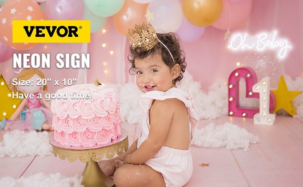 VEVOR Oh Baby Neon Sign for Wall Decor, with Remote Control and Dimmable Switch for Baby Shower decorations, Birthday Party, Wedding Decor, 20x10 inches (White)