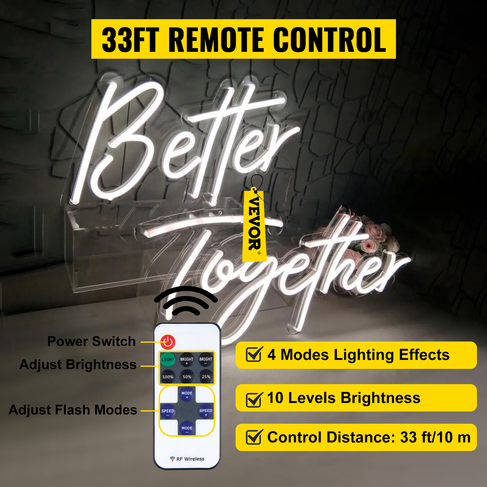VEVOR Better Together Neon Sign, 24" x 10" + 17" x 9" White LED lights Sign, Adjustable Brightness with Dimmer Switch and 12V Power Adapter, Used for Home, Party, Wedding, and Bar Decoration