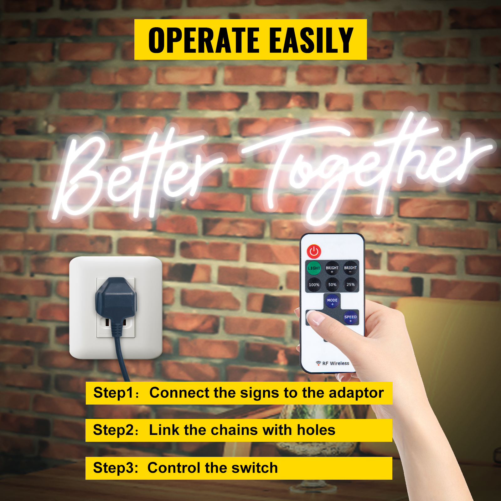 VEVOR Better Together Neon Sign, 24" x 10" + 17" x 9" White LED lights Sign, Adjustable Brightness with Dimmer Switch and 12V Power Adapter, Used for Home, Party, Wedding, and Bar Decoration