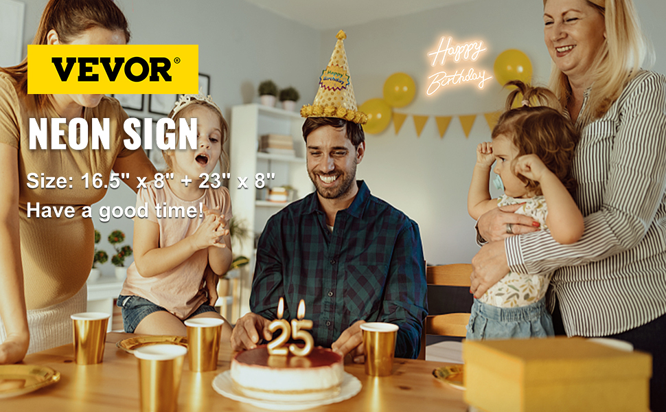 VEVOR Happy Birthday Neon Sign, 16.5" x 8" + 23" x 8" LED Neon Lights Signs, Adjustable Brightness w/ Remote Control and Power Adapter, Reusable for Party, Club, Celebration and Decoration Warm White