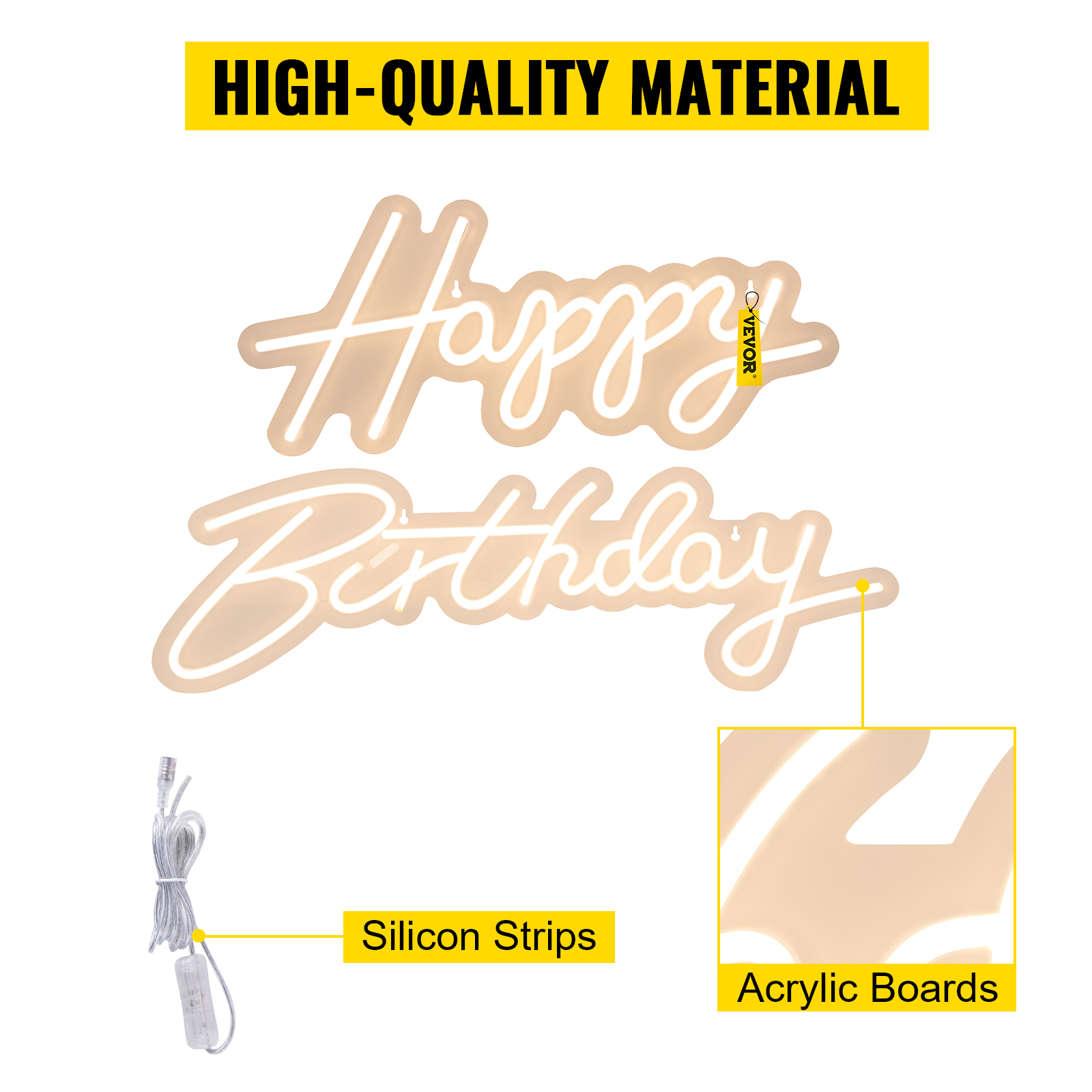 VEVOR Happy Birthday Neon Sign, 16.5" x 8" + 23" x 8" LED Neon Lights Signs, Adjustable Brightness w/ Remote Control and Power Adapter, Reusable for Party, Club, Celebration and Decoration Warm White