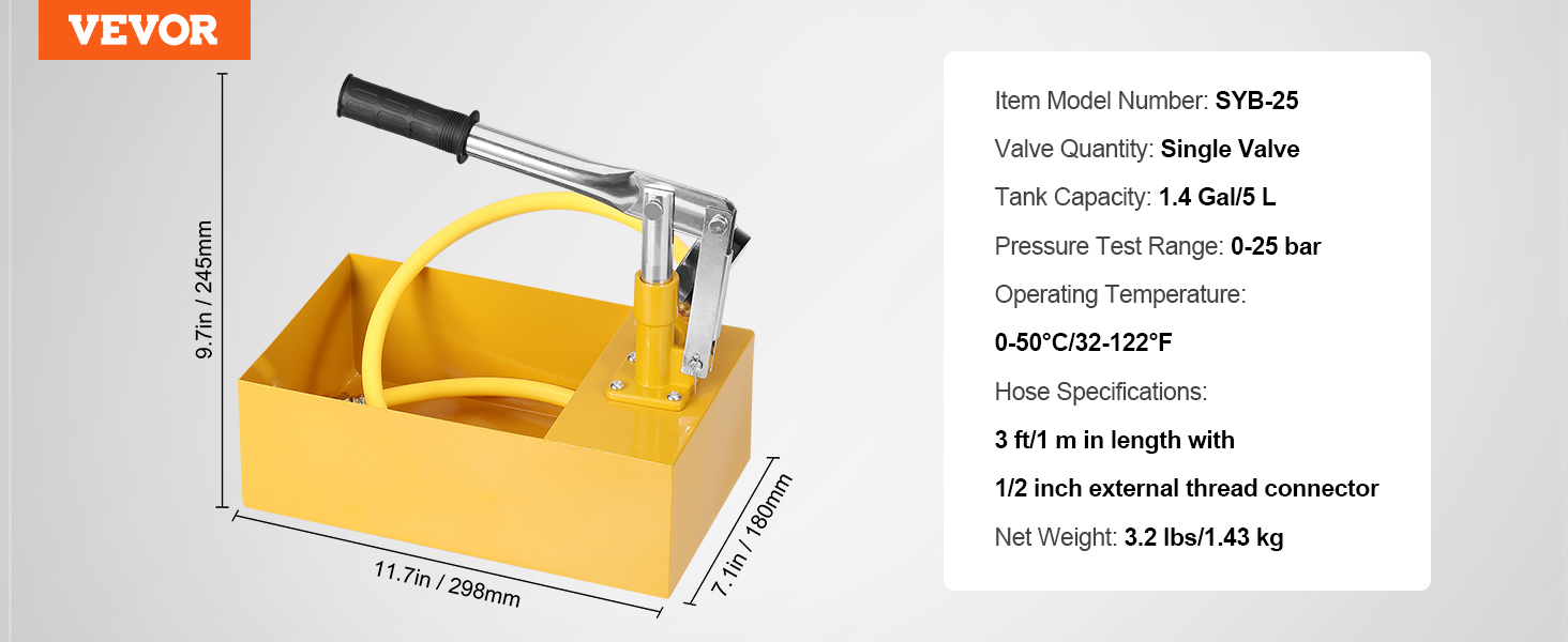 Hydrostatická testovací pumpa VEVOR, max. 25 bar/362 PSI, jednoventilová sada hydraulického ručního zkoušeče tlaku vody s vodní nádrží o objemu 1,4 gal, 3 stopová hadice s 1/2palcovým externím závitovým konektorem pro potrubí