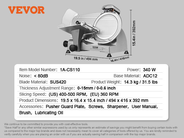 Trancheuse à Viande Professionnelle 300 W 50 Kg-h 19,5 X 18,5 X 38 Cm