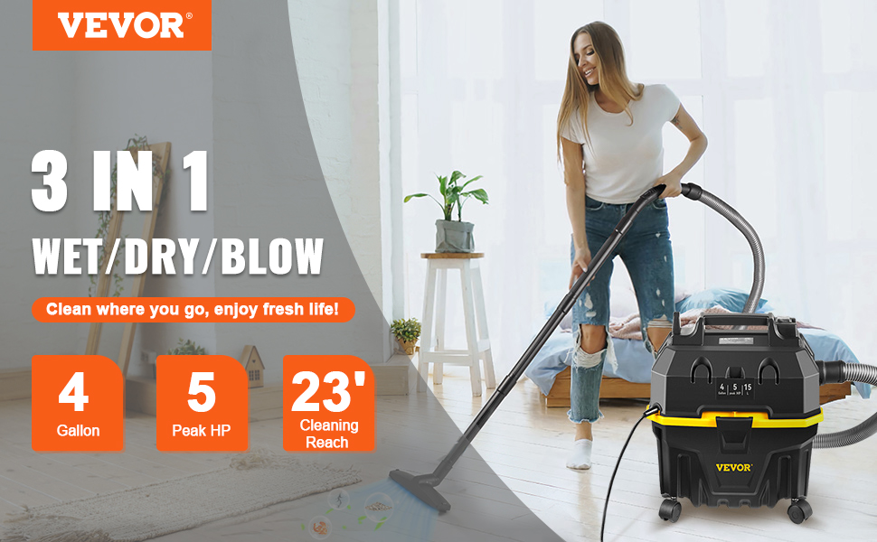 VEVOR Wet Dry Vac, 4 Gallon, 5 Peak HP, 3 in 1 Shop Vacuum with Blowing