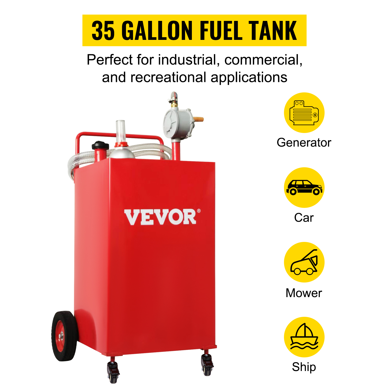 VEVOR Fuel Caddy üzemanyag-tároló tartály 35 gallon 4 kerekek kézi szivattyúval, piros