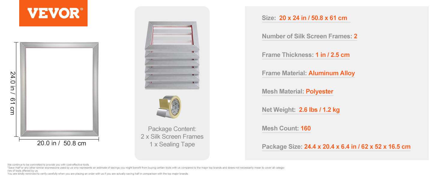 Sada pro sítotisk VEVOR, 2 kusy hliníkových rámů pro sítotisk, 20x24palcový rám pro sítotisk se síťovinou 160, vysoce napnutou nylonovou síťovinou a těsnicí páskou na trička Potisk pro vlastní potřebu