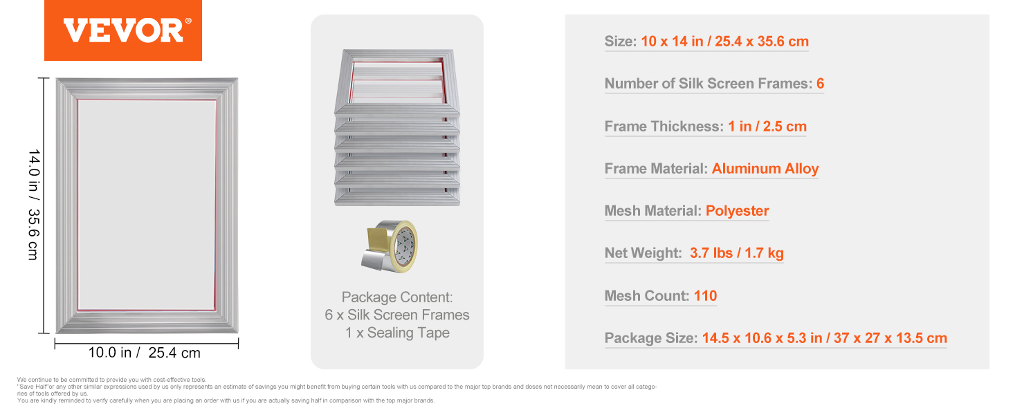 VEVOR 6 шт. Рамки для трафаретного друку з алюмінієвого сплаву 25,4 х 35,6 см, аксесуари для трафаретного друку 110 сіток, кислотостійкі та недеформовані для чохлів для подушок, тканин, паперу, копіювального паперу тощо.
