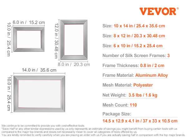 VEVOR Siebdruck Kit, 3 Stk. Aluminium Siebdruck Rahmen 6x10/8x12/10x14 Zoll  110 Mesh, 5 Glitter & Siebdruck Rakel & Folien für T-shirts, DIY Druck usw.