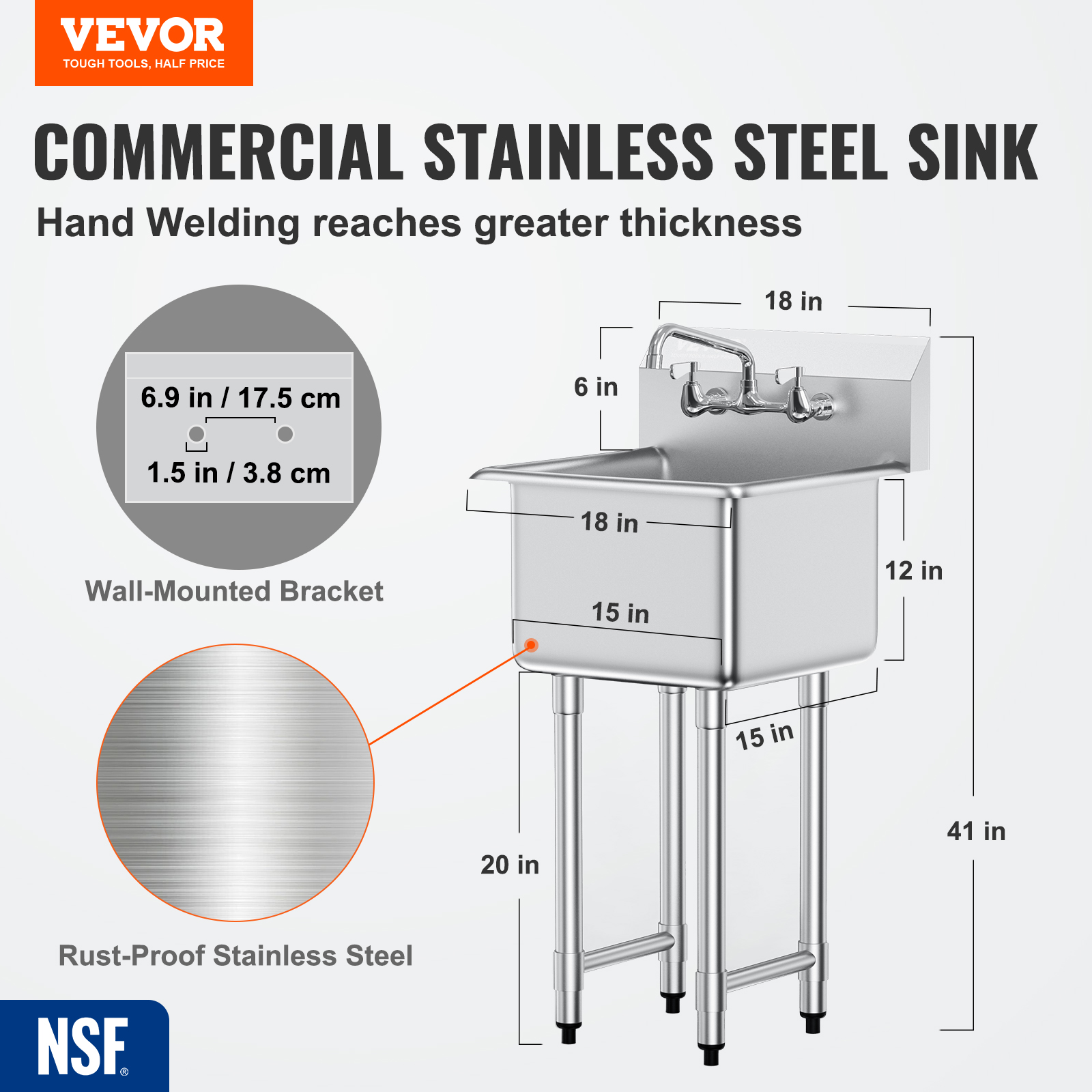 VEVOR Stainless Steel Commercial Utility Prep Sink Single Bowl w/Workbench