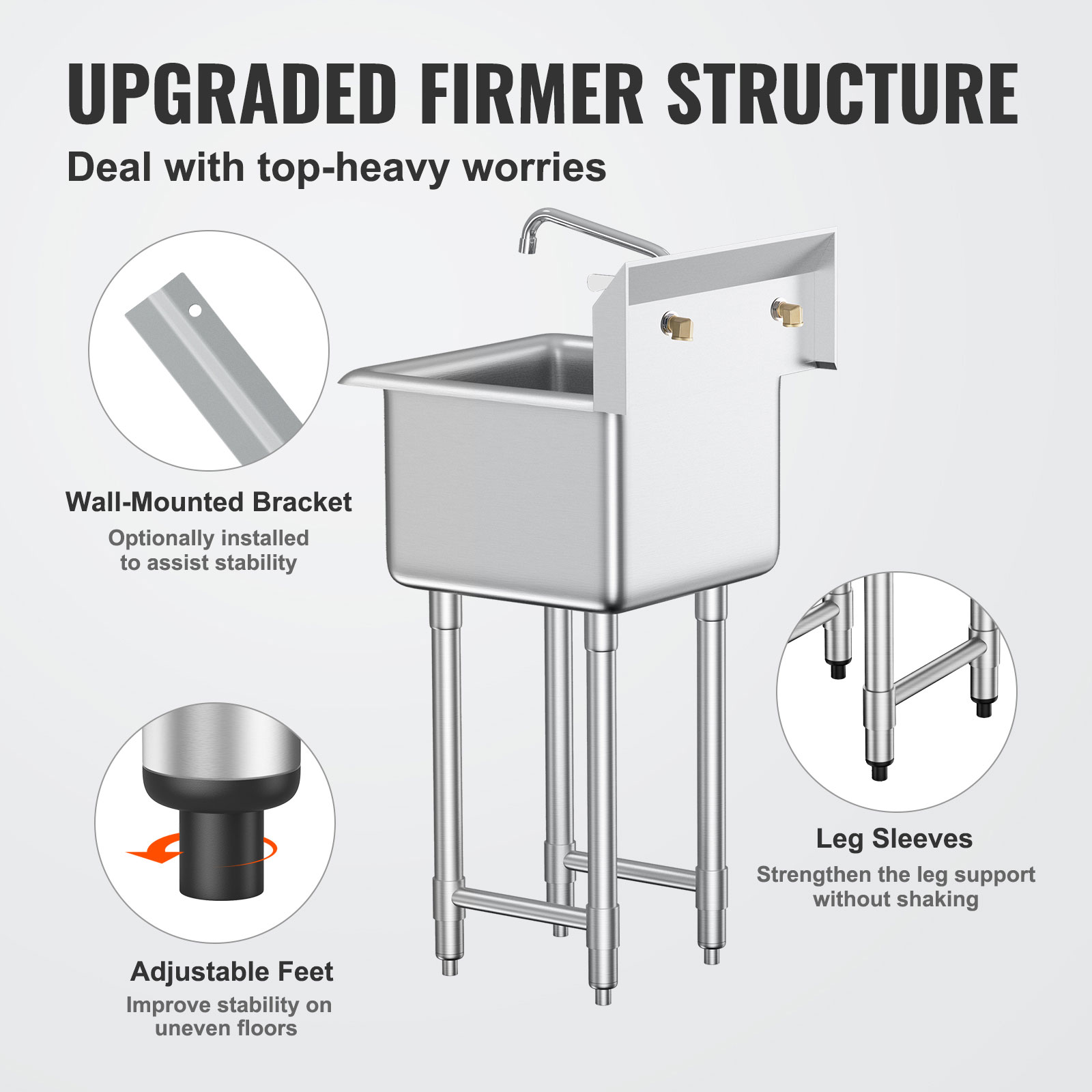 VEVOR Stainless Steel Commercial Utility Prep Sink Single Bowl w/Workbench