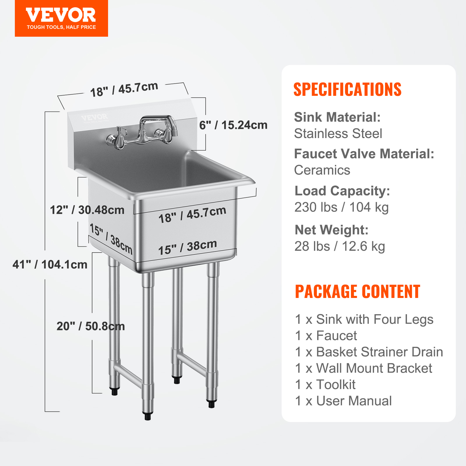 VEVOR Stainless Steel Commercial Utility Prep Sink Single Bowl w/Workbench