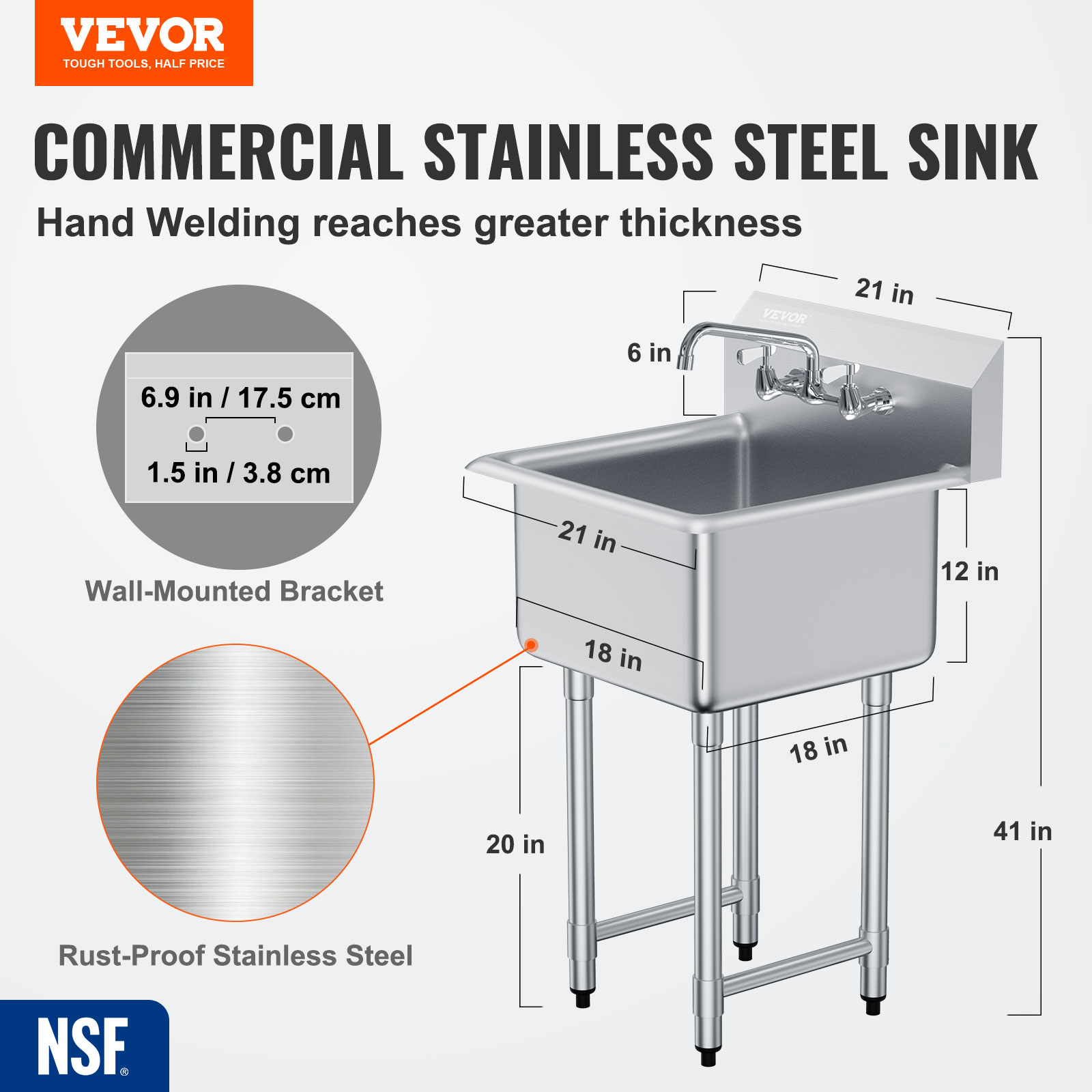 VEVOR Stainless Steel Commercial Utility Prep Sink Single Bowl w/Workbench